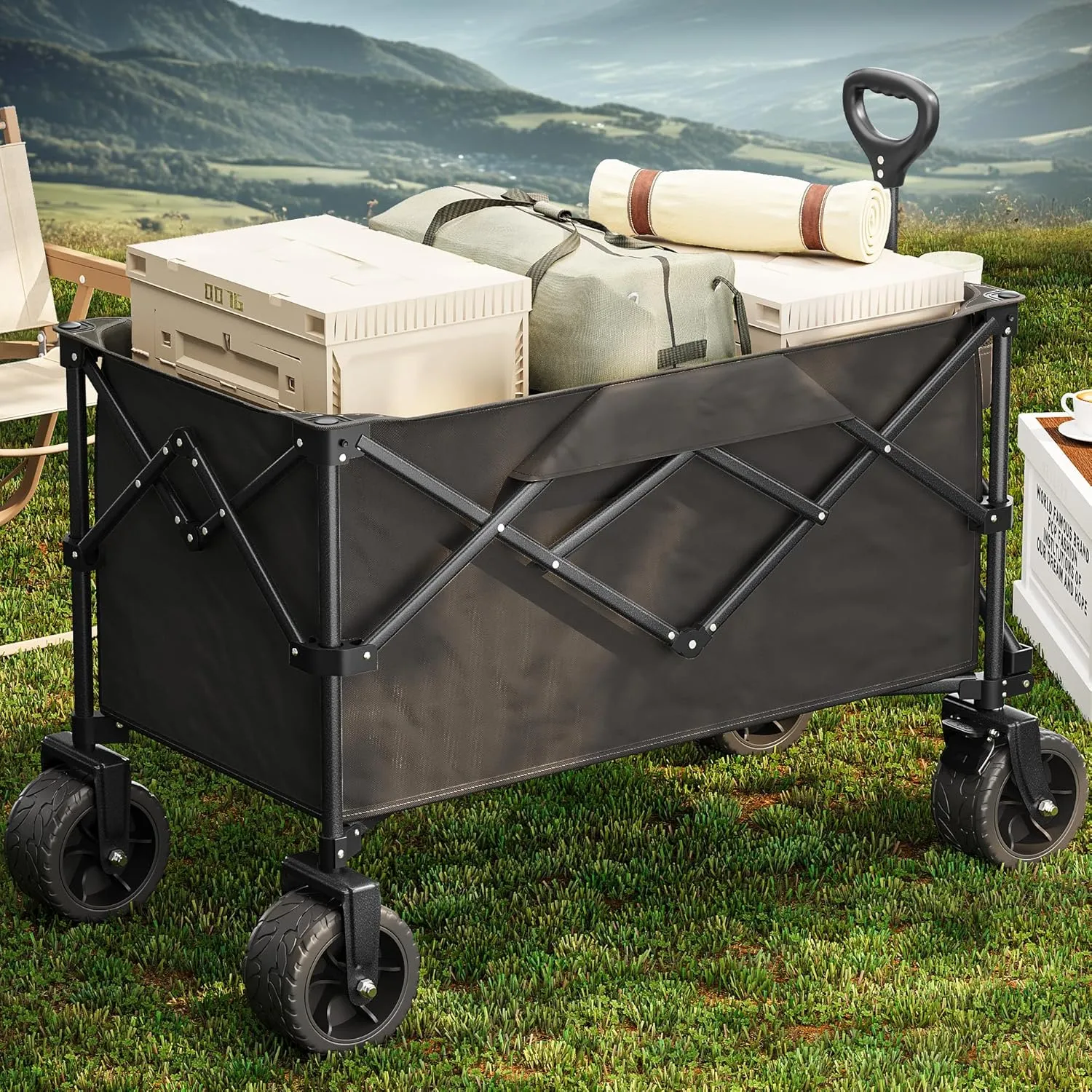 YITAHOME 300Lbs Large Collapsible Foldable Wagon, Heavy Duty Beach Wagon Cart Utility Wagon with 3.2in Wide Big All Terrain Wheels, Side Pocket, Cup Holder, Cover for Sports, Shopping, Camping - Black