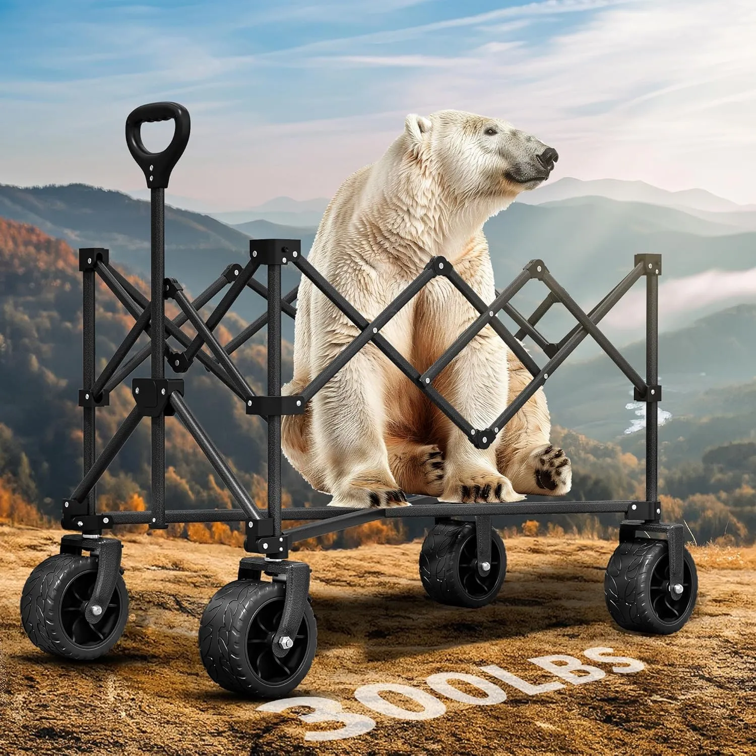 YITAHOME 300Lbs Large Collapsible Foldable Wagon, Heavy Duty Beach Wagon Cart Utility Wagon with 3.2in Wide Big All Terrain Wheels, Side Pocket, Cup Holder, Cover for Sports, Shopping, Camping - Black