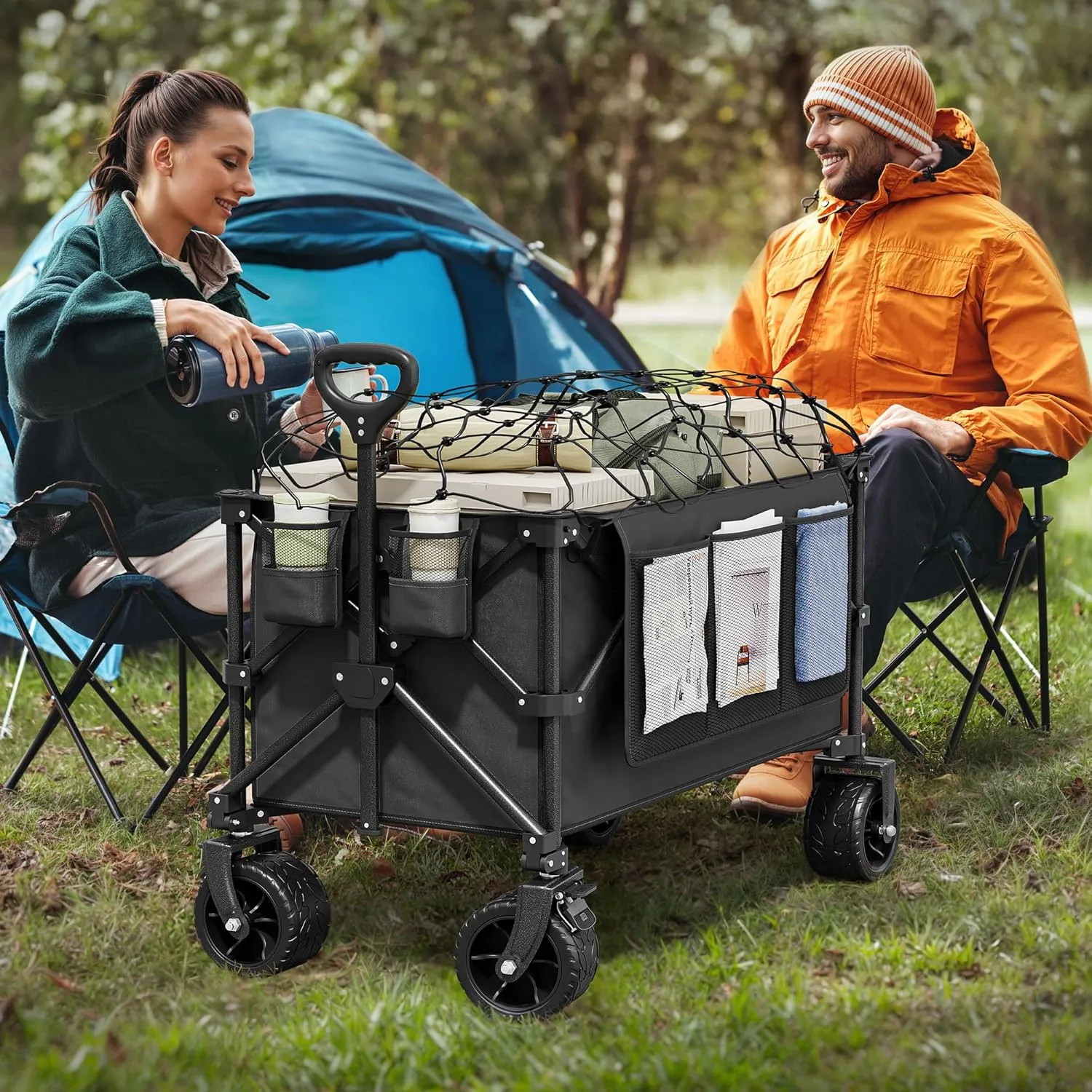 YITAHOME 300Lbs Large Collapsible Foldable Wagon, Heavy Duty Beach Wagon Cart Utility Wagon with 3.2in Wide Big All Terrain Wheels, Side Pocket, Cup Holder, Cover for Sports, Shopping, Camping - Black