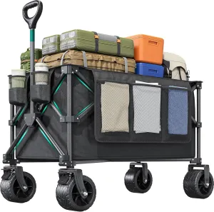 YITAHOME 300Lbs Large Collapsible Foldable Wagon, Heavy Duty Beach Wagon Cart Utility Wagon with 3.2in Wide Big All Terrain Wheels, Side Pocket, Cup Holder, Cover for Sports, Shopping, Camping - Black