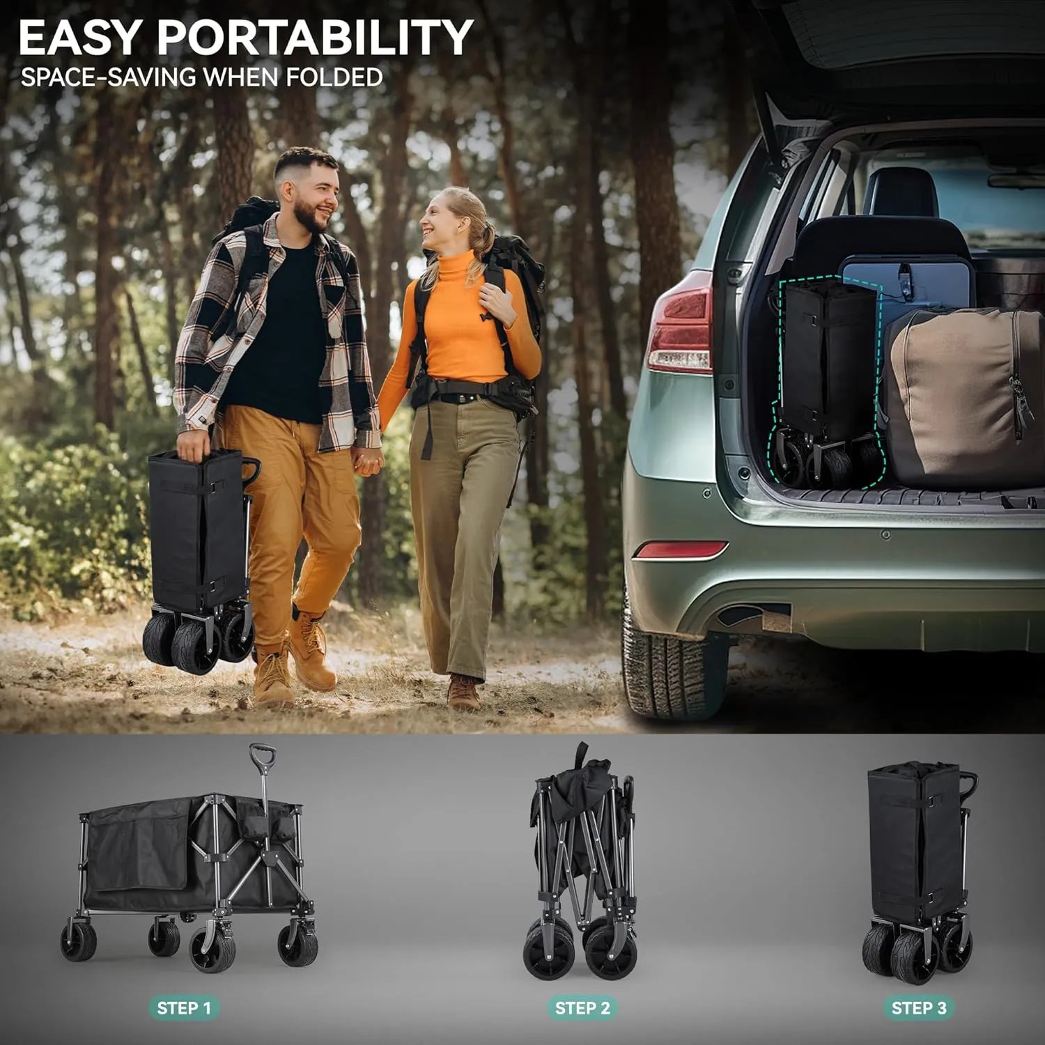 YITAHOME 300Lbs Large Collapsible Foldable Wagon, Heavy Duty Beach Wagon Cart Utility Wagon with 3.2in Wide Big All Terrain Wheels, Side Pocket, Cup Holder, Cover for Sports, Shopping, Camping - Black