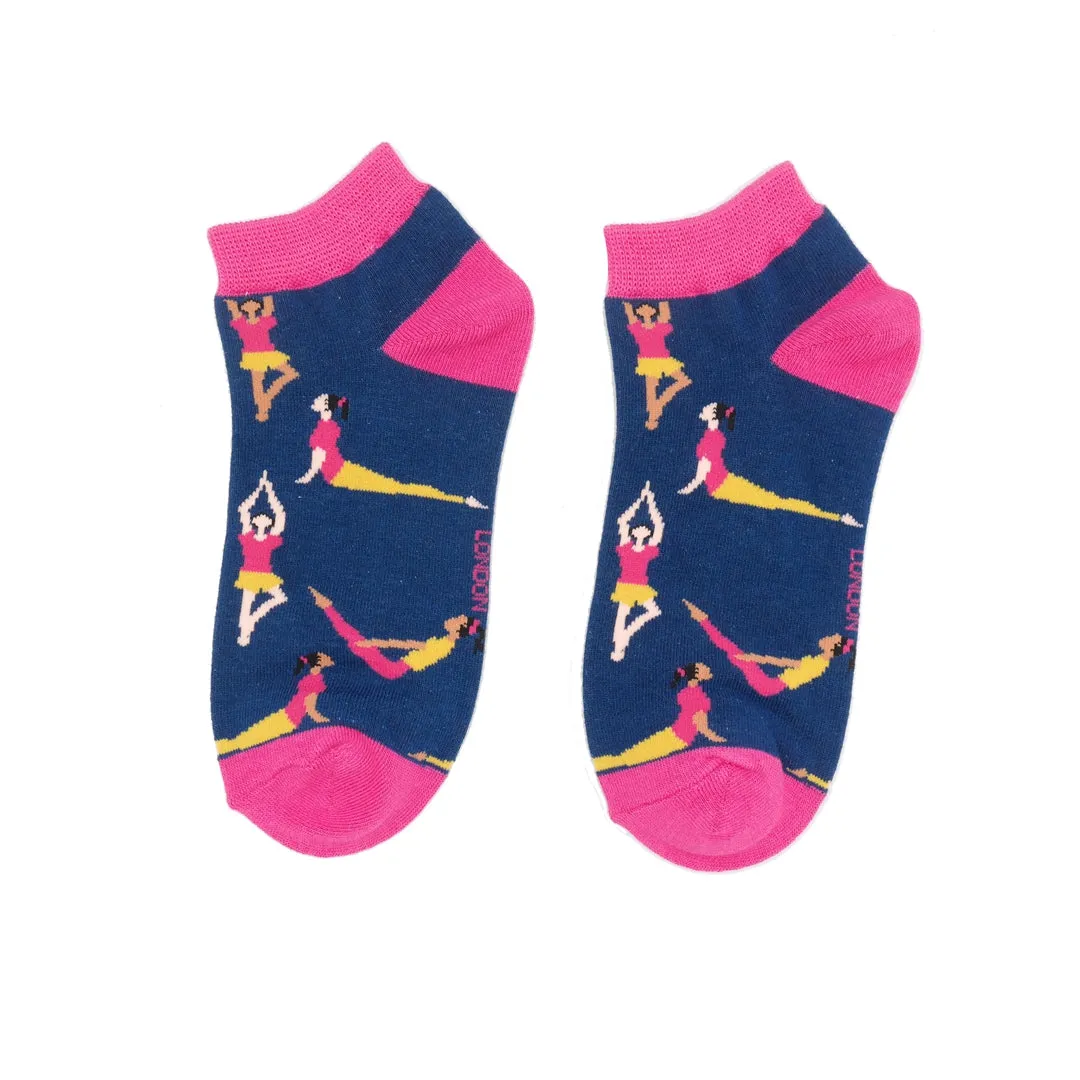 Yoga Poses Bamboo Trainer Socks in Navy by Miss Sparrow, Size UK 4-7