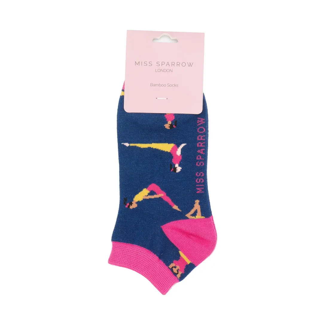 Yoga Poses Bamboo Trainer Socks in Navy by Miss Sparrow, Size UK 4-7