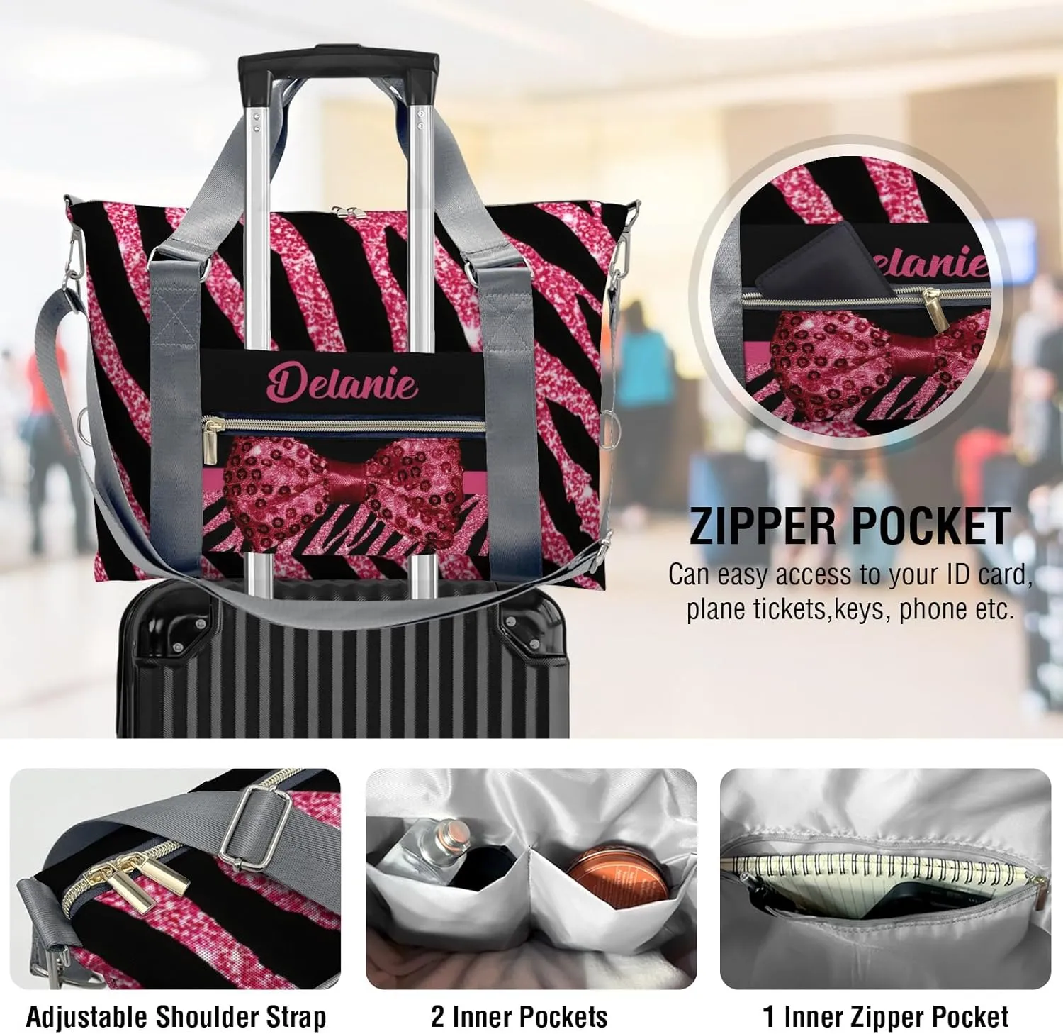 Zebra Pink Bow Glitter Print Personalized Kids Duffel Swim Bag for Boys,Customized Swim Duffle Bag for Boys Man Kids Gifts
